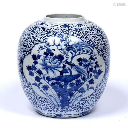 Large blue and white porcelain ginger jar Chinese, 19th Century painted with panel of birds and