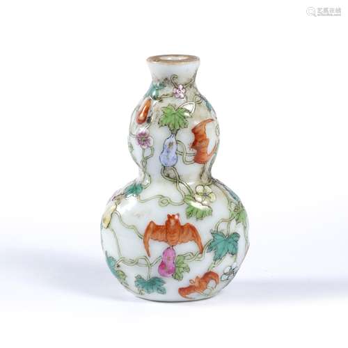 Double gourd snuff bottle Chinese decorated with fruiting vines and bats in flight 8cm high