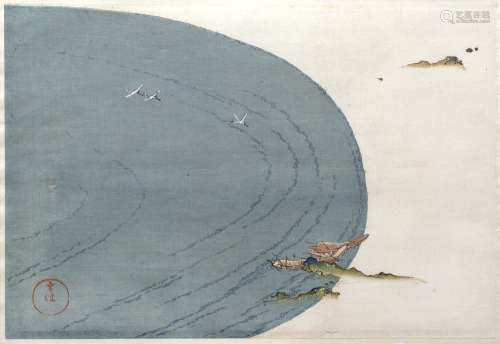 Japanese School watercolour study of storks in flight, signed 24cm x 36cm