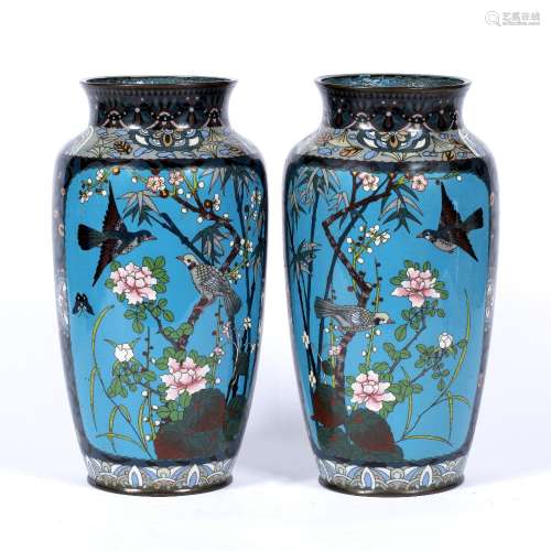 Pair of cloisonne tapering vases Japanese, late 19th Century each of pale blue ground with birds and