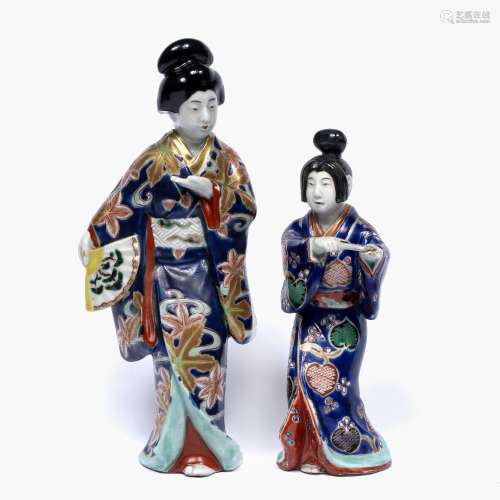 Satsuma model of a geisha Japanese, Meiji with cobalt blue kimono and holding a fan 29cm and one