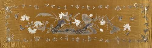 Gold ground fabric panel Chinese, circa 1920 decorated with two pheasants in the centre encircled by