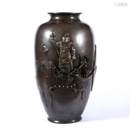 Large oviform bronze vase Japanese, Meiji period decorated in high relief with a figure depicting