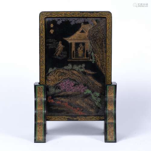 Carved inkstone Chinese, 19th/20th Century carved with two senior figures in a pagoda by the over,