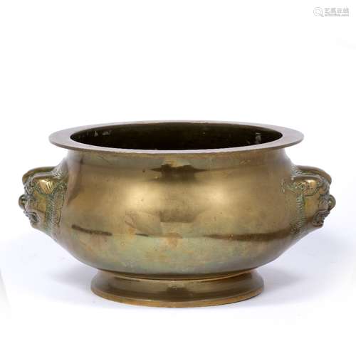 Bronze large censer Chinese, 19th Century with mask head handles 33cm across