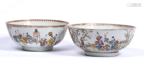 Two porcelain and enamel bowls Chinese, Qianlong 1736-1795 each painted with panels of courtiers