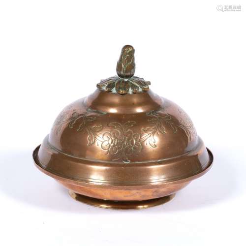 Copper Tombak bowl and cover Turkish, 19th century with incised decoration of a floral and