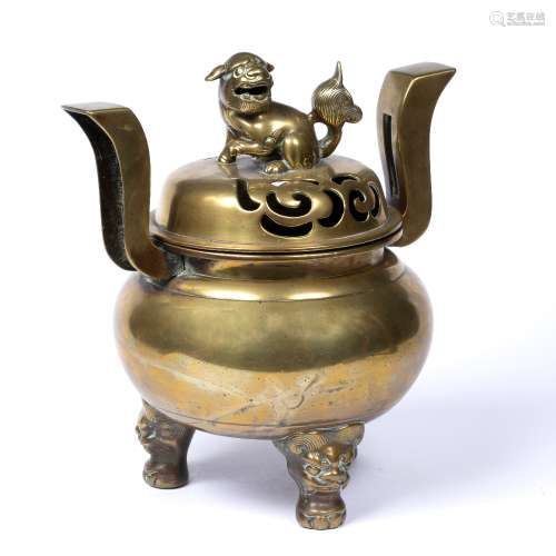 Bronze lidded censer Chinese, 19th Century with temple dog finial and on mask supports 29cm high