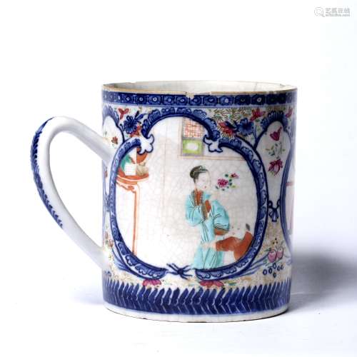Famille rose porcelain tankard Chinese, 18th century painted with three shaped plaques, showing