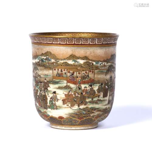 Satsuma chawan Japanese, Meiji period richly decorated with a gathering of people within a rural