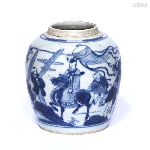 Blue and white jar Chinese, Kangxi (1662-1722) depicting figures in a procession with a central