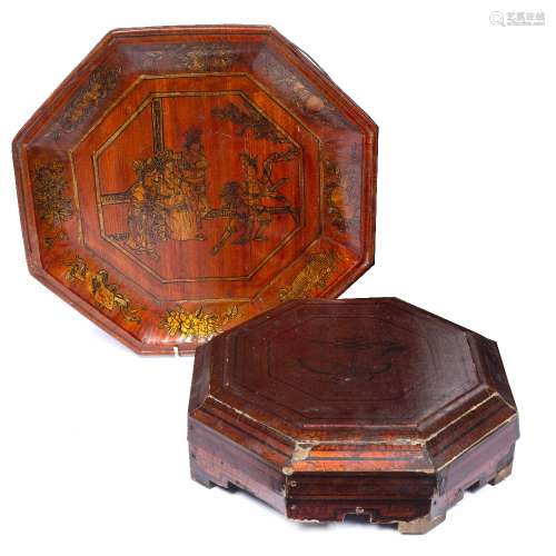 Hexagonal lacquer box and cover Indonesian 29cm; and similar tray, 33cm