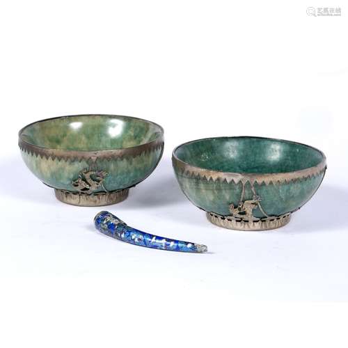 Pair of bowenite bowls Chinese with metal mounts 10.5cm and a Chinese enamel nail guard (3)