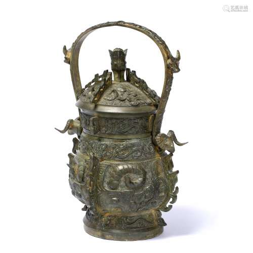Bronze ritual wine vessel with cover, Hu Chinese Zhou Dynasty style, the body cast on each side with