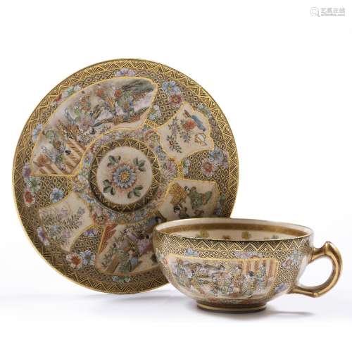 Satsuma cup and saucer Japanese, Meiji painted with panels of interior scenes 13.5cm