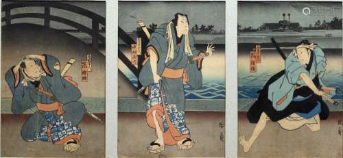 Utagawa Kunikazu Japanese, c1850 two triptychs, each depicting three actors, woodblock prints each