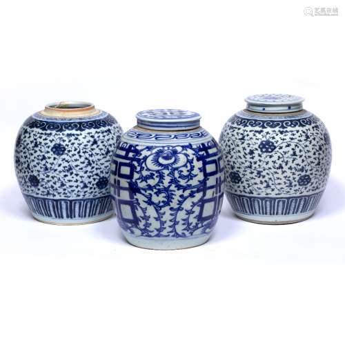Three Ginger jars Chinese, 19th Century to include a pair decorated in lotus leaf decoration, the