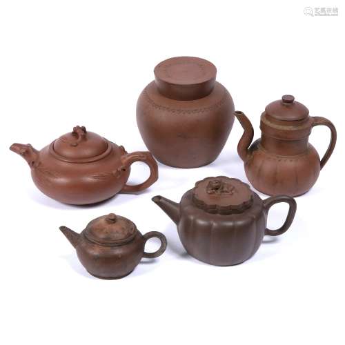 Group of five pieces of Yixing Chinese, 19th/20th Century including moulded teapot with seal mark,