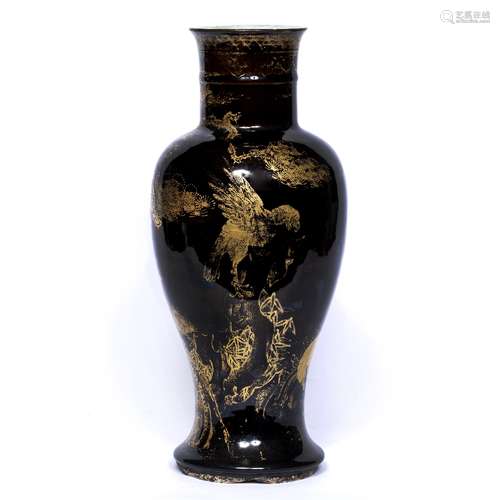 Black and gilt vase Chinese, 19th Century decorated with floral sprays and a phoenix on a branch,