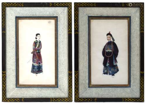 Pair of pith studies Chinese, 19th Century depicting two courtiers in painted frames 26cm x 15cm