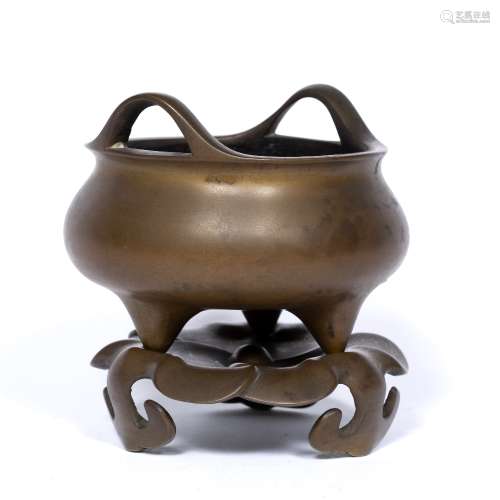 Bronze censer and cover Chinese, 19th Century of rounded form with two loop handles, impressed