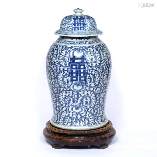 Large blue and white provincial vase and cover Chinese, 19th Century with trailing foliage around