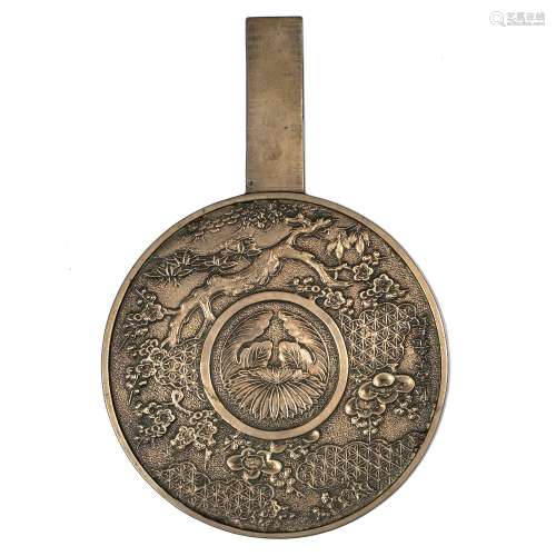 Sentoku metal hand mirror Japanese, Meiji period of circular form with single handle, face chased