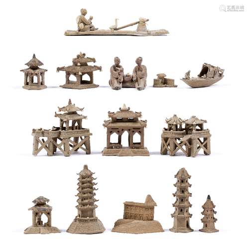 Group of miniature figures and temples Chinese, circa 1900/1920 including pagodas, figures and a