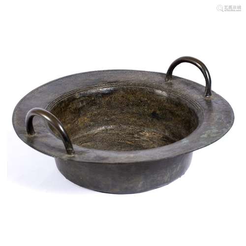 Two handled bronze basin Chinese, 19th Century with carp around the centre with inscription 42cm