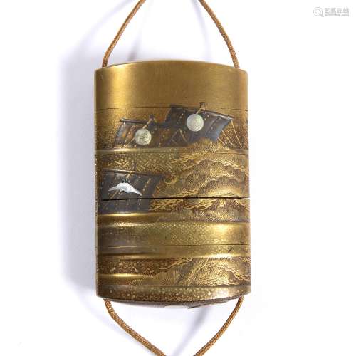 Four-case fundame lacquer inro Japanese, 19th Century decorated in gold hiramakiye, takamakiye