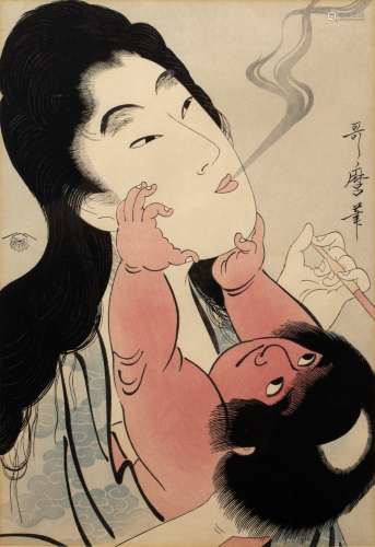 Kitagawa Utamaro Japanese, 19th Century mother and child, woodblock print, inscription and seal mark