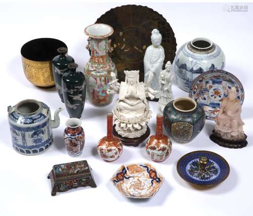 Group of ceramics Asian and enamel ware including various blanc de chine figures, Burmese lacquer
