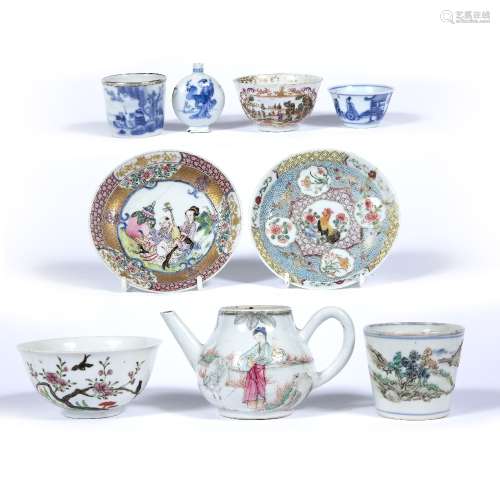 Group of porcelain Chinese to include a bowl decorated with birds, seal mark to base, a cup