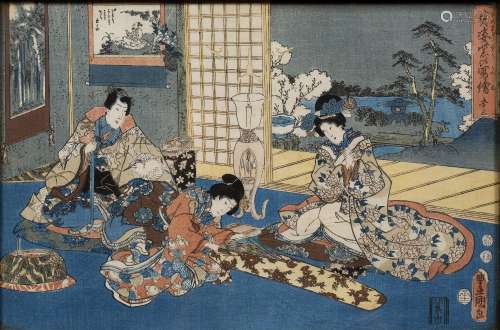 Utagawa Kunisada Japanese, early to mid 19th Century interior domestic scene and full length