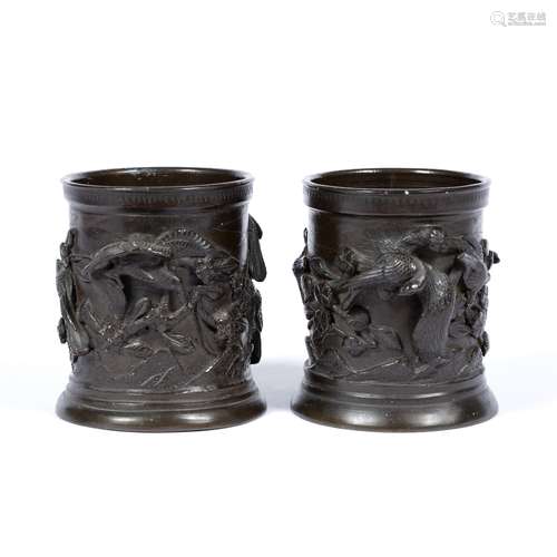 Pair of bronze brush pots Chinese, 19th Century the exterior with band of birds and flowers 10cm