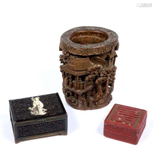 Bamboo brush pot Chinese carved to the exterior depicting a mountainous scene with figures, together
