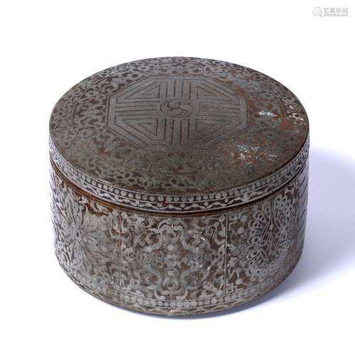 Iron and steel cylindrical box and cover Japanese/Korean, Meiji chased in low relief with a