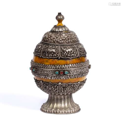 Lidded vessel Tibetan the coconuted mounted with white metal, the top band depicting animals of