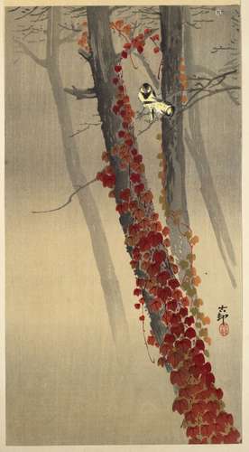 Ohara Koson Japanese, c1930 birds and red ivy, woodblock print 38cm x 19cm