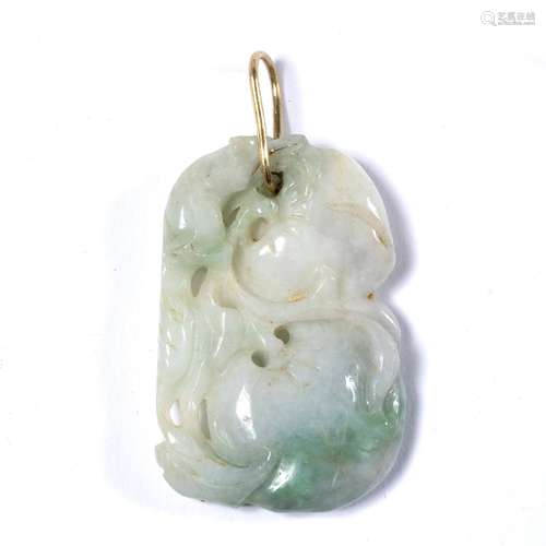 Pale green and white jade pendant Chinese in the form of a squirrel above and eating from a peach