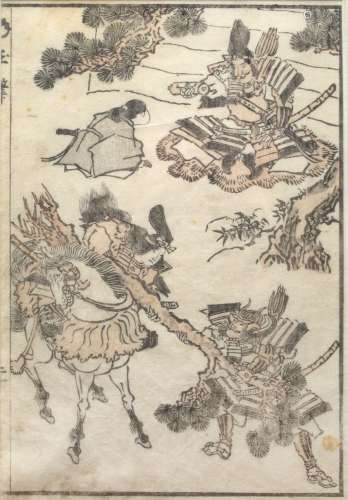 Two book illustrations Japanese, 20th century each depicting samurai, monochrome woodblock prints