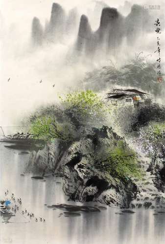 Chinese school 20th Century four wash studies to include fishing scenes x 3, snow swept scene,