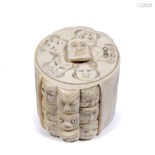 Ivory circular box and cover Japanese, late Meiji with inset cover, sides and cover carved in low