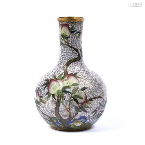 Cloisonne vase Chinese, 18th Century decorated with flowering peaches, against a geometric line