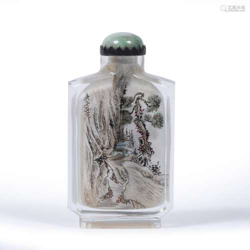 Glass inside painted snuff bottle Chinese painted to one side with figure on a path, the reverse