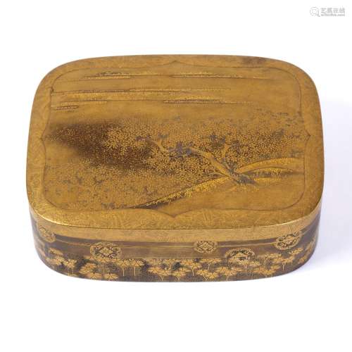 Gold and nashiji lacquer kogo Japanese of rounded rectangular form, the cover decorated in