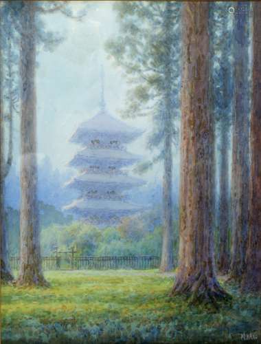 M Kano Japanese watercolour study of a pagoda, signed 63cm x 48cm