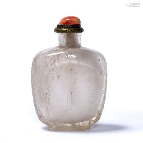 Rock crystal snuff bottle Chinese, 1800-1850 of flattened rectangular globular form engraved with