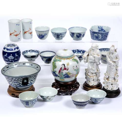 Group of porcelain and stands Chinese, 19th/20th Century including provincial bowl, 13.5cm;