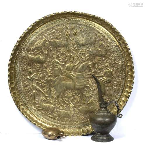 Engraved charger Qajar with hunting scene, together with a hookah base and a brass vessel the